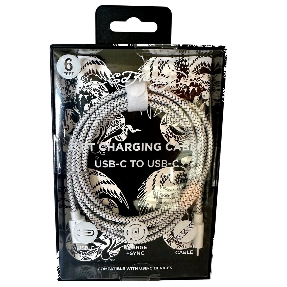 Ed Hardy USB-C to USB-C Charging Cable 6ft White Braided New PT0021EH-42